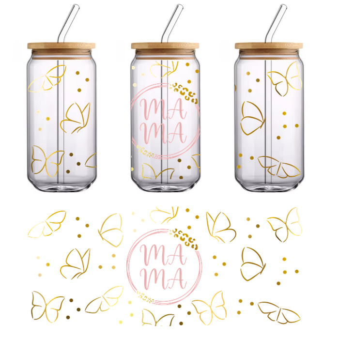 A charming design featuring butterflies and the word "Mama" in a playful, pastel style, perfect for celebrating motherhood.UV Transfers dtf transfers