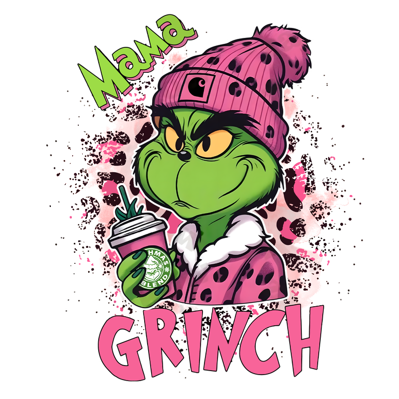 This playful illustration features the Grinch in a cozy pink outfit and hat, holding a coffee cup, embodying a fun, festive spirit.DTF Transfers