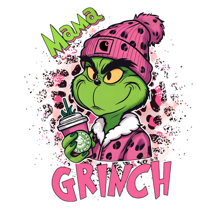 This playful illustration features the Grinch in a cozy pink outfit and hat, holding a coffee cup, embodying a fun, festive spirit.DTF Transfers