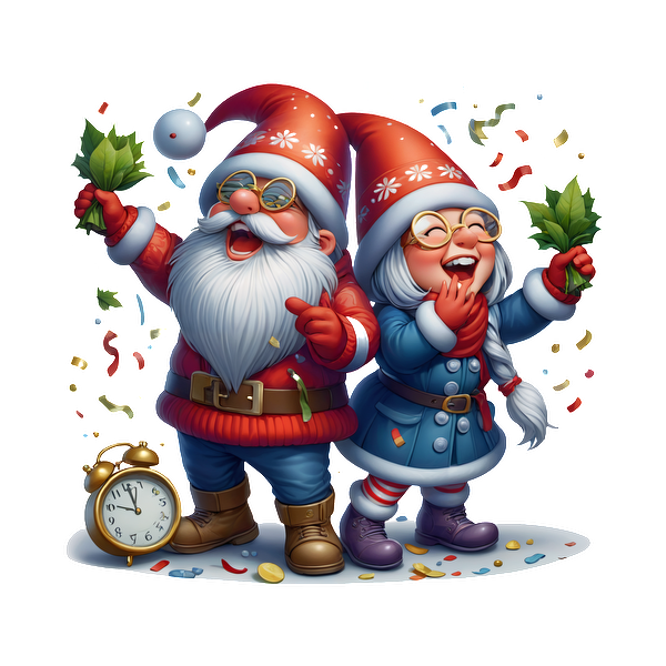 Cheerful cartoon Santa and Mrs. Claus celebrate with holly and confetti, wearing festive hats and surrounded by a whimsical atmosphere. dtf prints