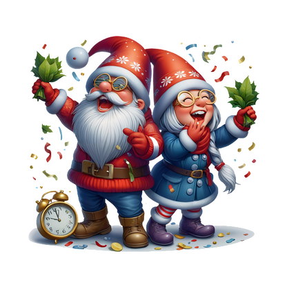 Cheerful cartoon Santa and Mrs. Claus celebrate with holly and confetti, wearing festive hats and surrounded by a whimsical atmosphere. dtf prints