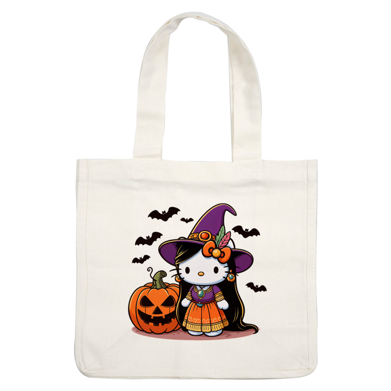 This adorable Halloween-themed character features a witch outfit with a purple hat, alongside a carved jack-o'-lantern.DTF Transfers