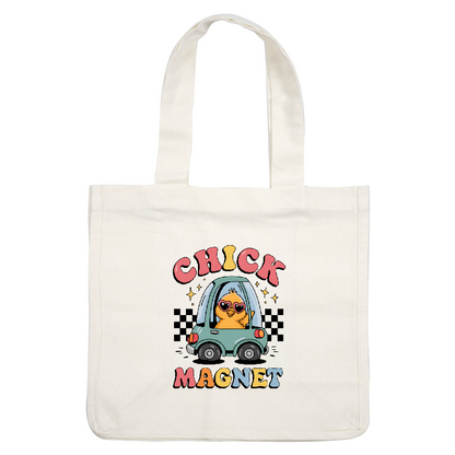 A playful illustration features a cute chick wearing heart-shaped sunglasses, sitting in a teal toy car with colorful "Chick Magnet" text.DTF Transfers