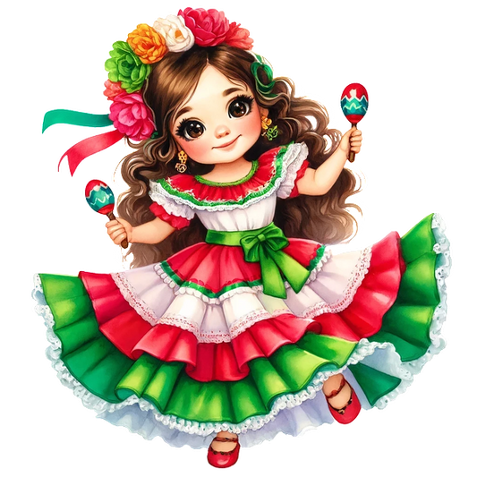 A cheerful girl in a colorful traditional dress, holding maracas, adorned with flowers and ribbons in her hair. dtf prints