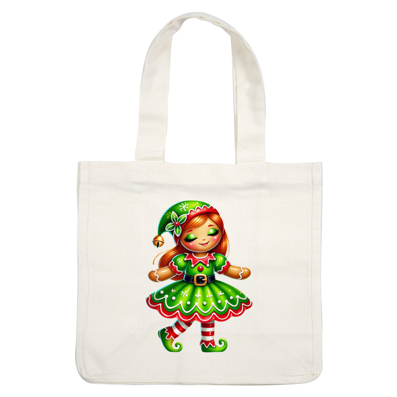 A cheerful Christmas elf doll in a vibrant green dress with red accents, complete with a festive hat and striped stockings.DTF Transfers heat press transfers