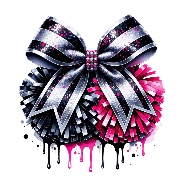 A vibrant bow featuring black and silver stripes with pink highlights, adorned with sparkling embellishments for a festive touch.DTF Transfers heat press transfers