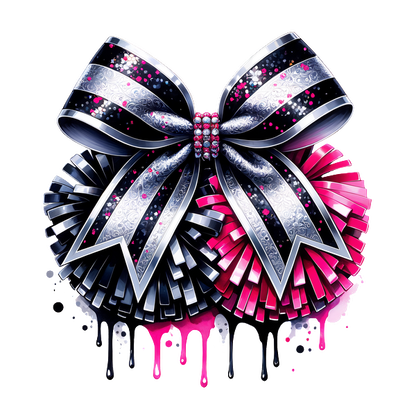 A vibrant bow featuring black and silver stripes with pink highlights, adorned with sparkling embellishments for a festive touch.DTF Transfers heat press transfers