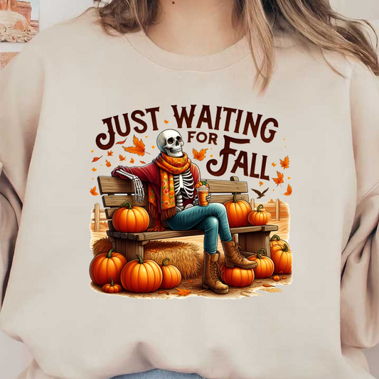 A cheerful skeleton in a cozy scarf enjoys a drink on a bench surrounded by pumpkins, celebrating the fall season.dtf regular iron