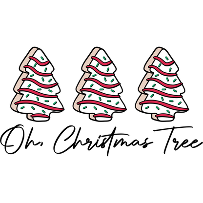 Three festive, stylized Christmas trees with wavy white branches, red accents, and green decorations, perfect for holiday decor.