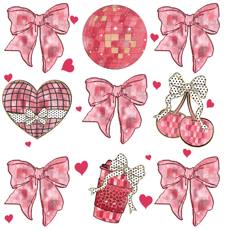 A charming collection of pink and glittery illustrations featuring bows, a disco ball, a heart, cherries, and a festive cup.DTF Transfers