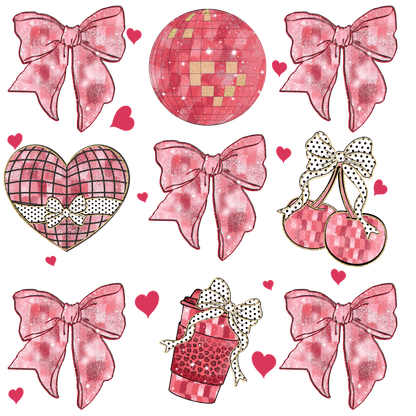 A charming collection of pink and glittery illustrations featuring bows, a disco ball, a heart, cherries, and a festive cup.DTF Transfers