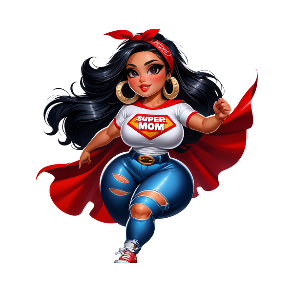 Un vibrante personaje de mamá superhéroe que viste una camiseta "SUPER MOM", jeans rotos y una capa roja, y que irradia confianza y estilo.