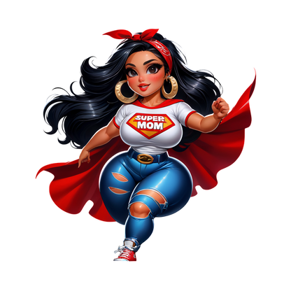 Un vibrante personaje de mamá superhéroe que viste una camiseta "SUPER MOM", jeans rotos y una capa roja, y que irradia confianza y estilo.