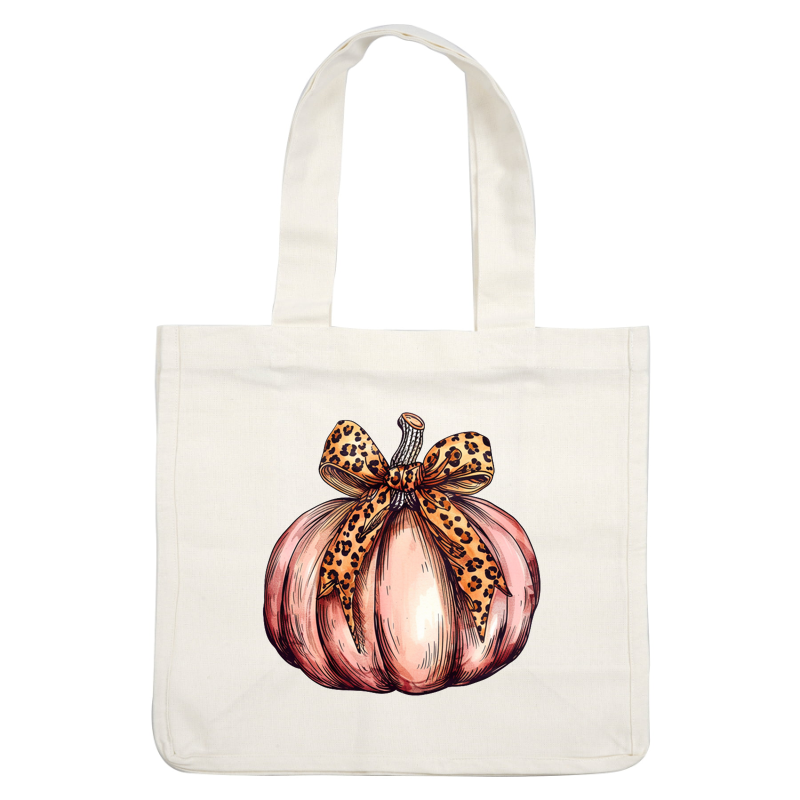 A charming pink pumpkin adorned with a stylish leopard print bow, perfect for autumn decor. dtf transfers