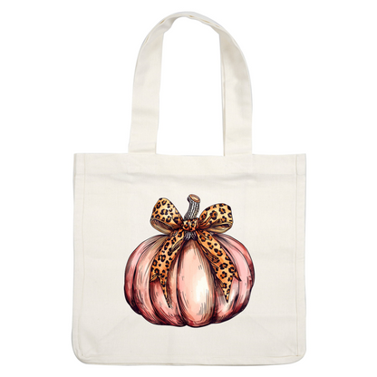 A charming pink pumpkin adorned with a stylish leopard print bow, perfect for autumn decor. dtf transfers