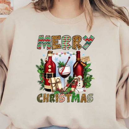 Festively decorated for the holidays, this image features two bottles of wine, a glass, gifts, and vibrant "Merry Christmas" lettering. dtf prints