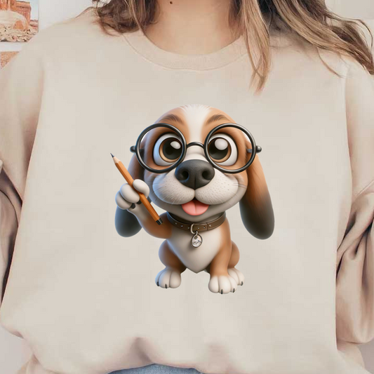 Un lindo beagle de dibujos animados con gafas sostiene un lápiz y muestra una personalidad adorable y juguetona.