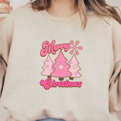 A cheerful pink and white Christmas graphic featuring stylized trees, a snowflake, and the words "Merry Christmas."dtf regular iron