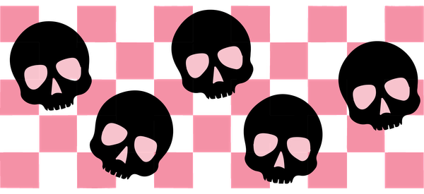 A playful pattern featuring black skulls on a pink checkerboard background, perfect for a quirky design style.UV Transfersdtf regular iron