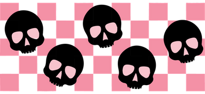 A playful pattern featuring black skulls on a pink checkerboard background, perfect for a quirky design style.UV Transfersdtf regular iron