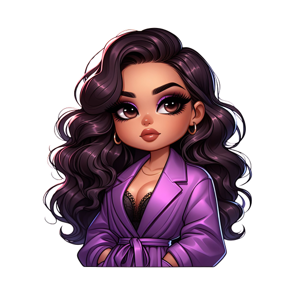 A stylish cartoon character showcasing long, wavy hair and bold makeup, wearing a chic lavender robe. dtf transfers