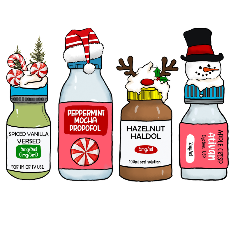 A whimsical collection of festive medicine bottles, featuring flavors like Spiced Vanilla, Peppermint Mocha, Hazelnut, and Apple Crisp.DTF Transfers