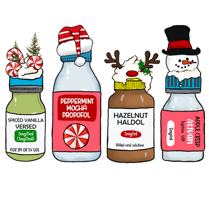 A whimsical collection of festive medicine bottles, featuring flavors like Spiced Vanilla, Peppermint Mocha, Hazelnut, and Apple Crisp.DTF Transfers