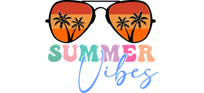 Bright and playful graphic featuring the words "Summer Vibes" with colorful letters and palm trees inside sunglasses.UV Transfers heat press transfers