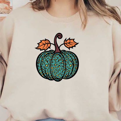 A whimsical teal pumpkin with a textured pattern and orange leaves, perfect for autumn decorations or Halloween fun.dtf regular iron