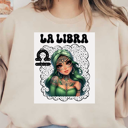 Una ilustración vibrante de una mujer con cabello verde y tatuajes intrincados, que representa el signo astrológico Libra, titulada "La Libra".