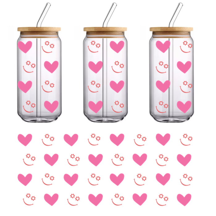 A playful pattern featuring pink hearts and smiling faces, perfect for adding a cheerful touch to any design.UV Transfers dtf prints dtf prints