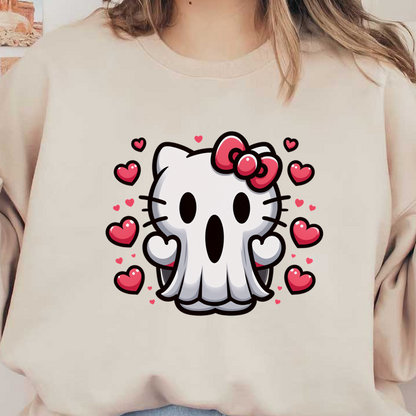 A cute, spooky character combines a skull design with Hello Kitty features, surrounded by colorful hearts for a playful touch.DTF Transfers heat press transfers