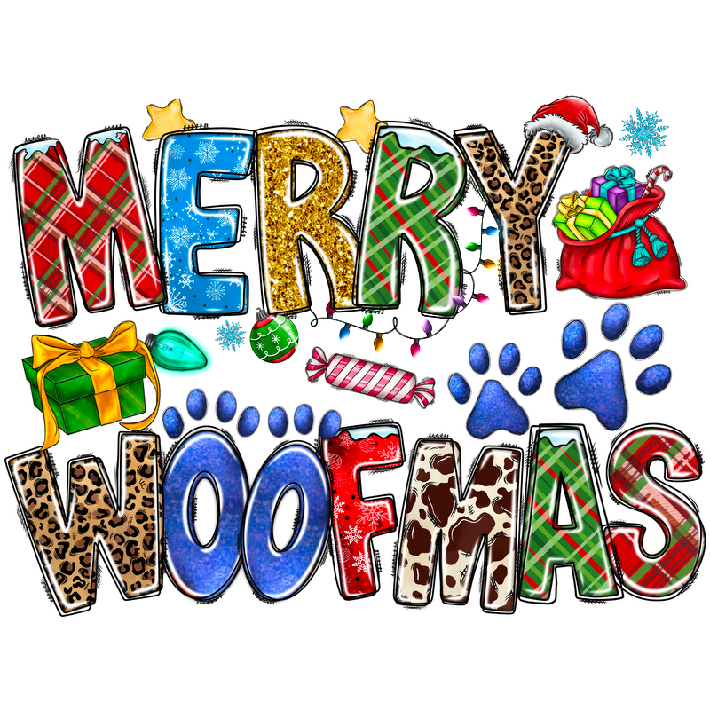 Celebrate the festive season with this colorful "Merry Woofmas" design featuring playful lettering and fun holiday icons!DTF Transfers heat press transfers