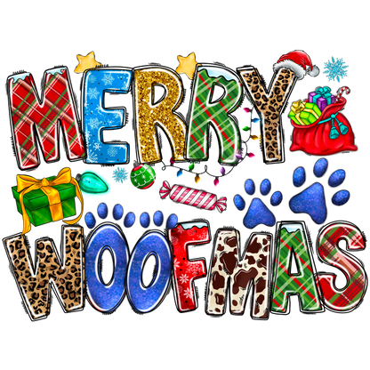 Celebrate the festive season with this colorful "Merry Woofmas" design featuring playful lettering and fun holiday icons!DTF Transfers heat press transfers