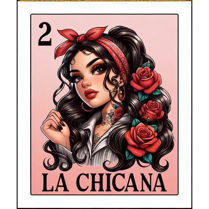 Una ilustración vibrante que presenta a una mujer elegante, adornada con rosas y un pañuelo rojo, que representa a "La Chicana" en un diseño de tarjeta.