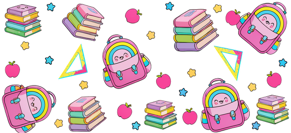 A colorful, playful pattern featuring cute pink backpacks, stacked books, apples, and geometric shapes, perfect for a cheerful design.UV Transfersdtf regular iron