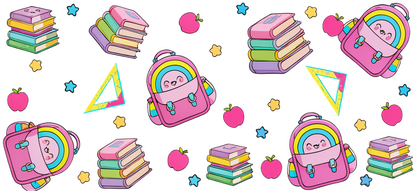 A colorful, playful pattern featuring cute pink backpacks, stacked books, apples, and geometric shapes, perfect for a cheerful design.UV Transfersdtf regular iron