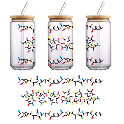 Un patrón vibrante de pequeñas campanas coloridas esparcidas sobre un fondo negro, perfecto para diseños festivos. Transferencias UV