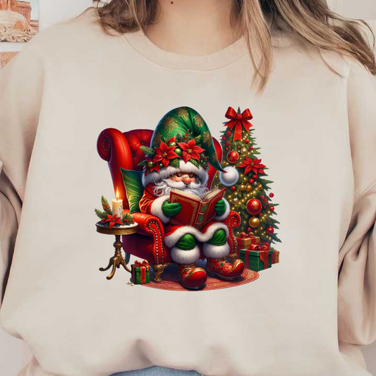 A whimsical Santa Claus sits reading a book in a plush red chair, surrounded by festive decorations and a Christmas tree.DTF Transfers heat press transfers