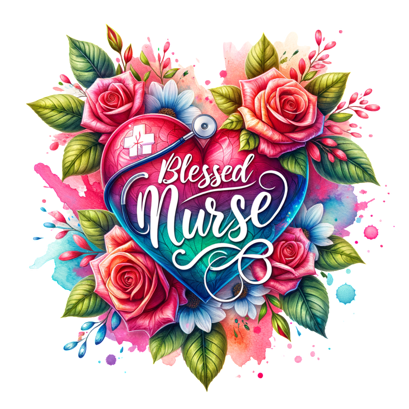 A vibrant, floral illustration featuring a heart and stethoscope, celebrating the theme "Blessed Nurse" with colorful roses and leaves.DTF Transfers