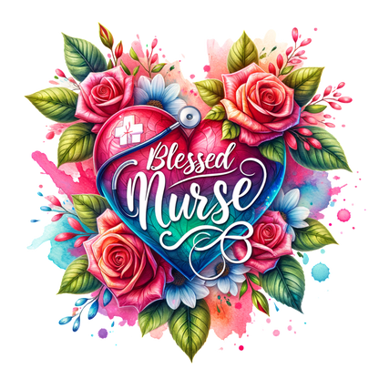 A vibrant, floral illustration featuring a heart and stethoscope, celebrating the theme "Blessed Nurse" with colorful roses and leaves.DTF Transfers