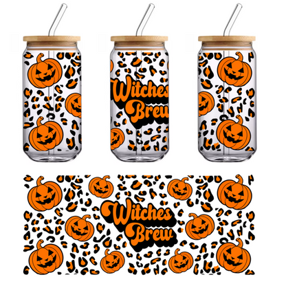 A festive Halloween-themed graphic featuring playful jack-o'-lanterns and bold "Witches Brew" text against a dark background.UV Transfers dtf prints