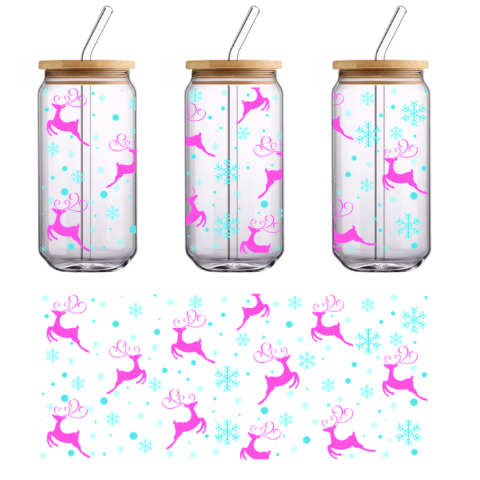 A whimsical pattern featuring playful pink reindeer and snowflakes against a black background, perfect for festive decor or apparel.UV Transfers dtf prints dtf prints