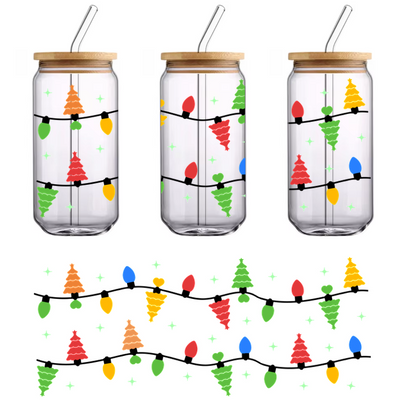 A vibrant pattern featuring colorful Christmas trees, ornaments, and snowflakes, perfect for festive-themed designs.UV Transfers dtf prints