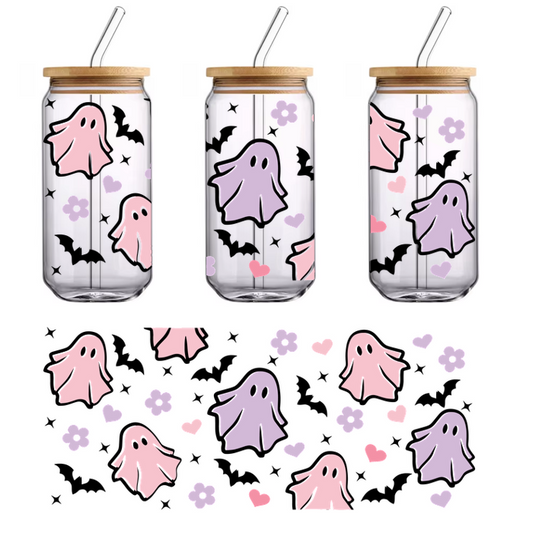 A whimsical pattern featuring cute pastel ghosts, hearts, and flowers on a dark background, perfect for Halloween decor.UV Transfersdtf regular iron