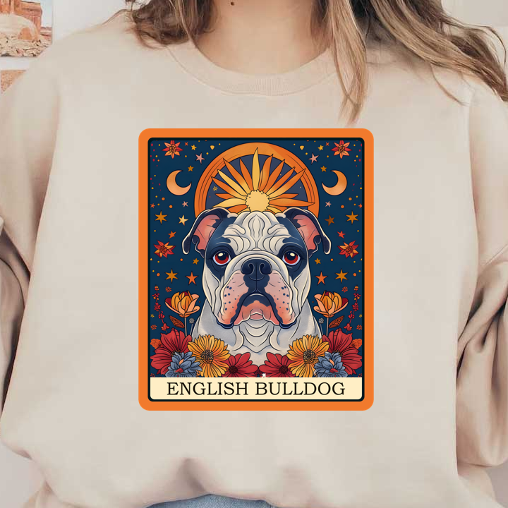 Una ilustración vibrante de un bulldog inglés rodeado de flores coloridas y motivos celestiales, que muestra estilo y encanto artístico.