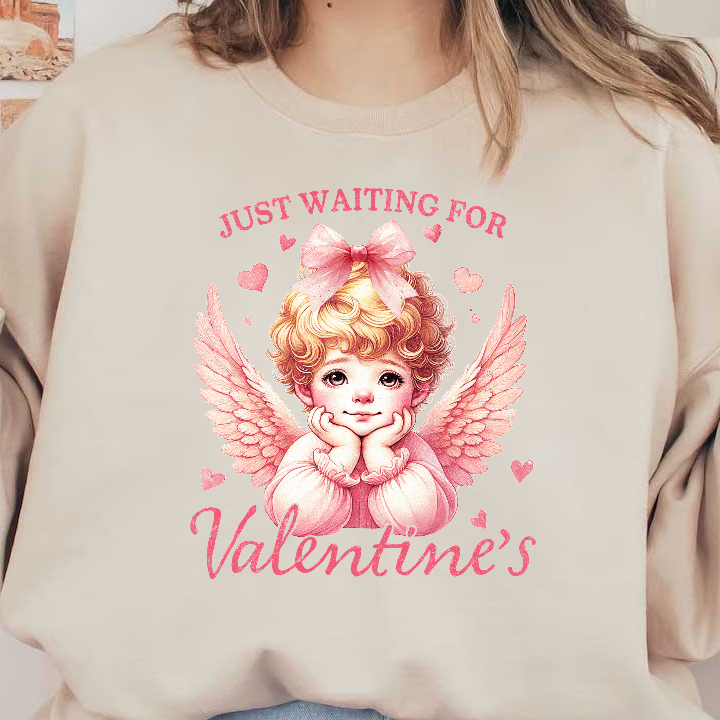 A charming illustration of a winged angel with a pink bow, waiting for Valentine's Day with playful hearts around.DTF Transfers