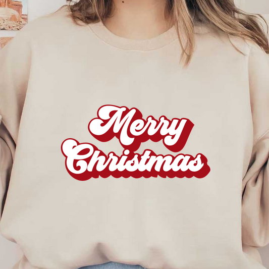 Festive "Merry Christmas" text in playful, bold lettering, featuring red and white colors, perfect for holiday celebrations!dtf regular iron