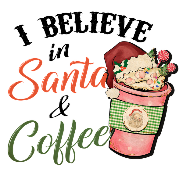 Bonita taza de café con temática navideña, decorada con golosinas festivas, una ilustración de Papá Noel y un texto alegre. ¡Perfecta para Navidad!