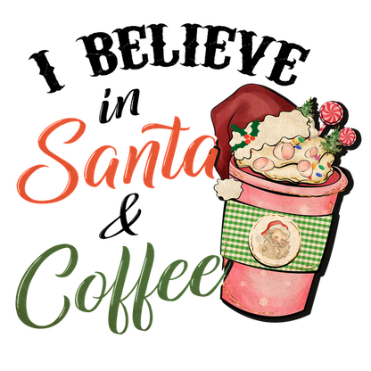 Bonita taza de café con temática navideña, decorada con golosinas festivas, una ilustración de Papá Noel y un texto alegre. ¡Perfecta para Navidad!